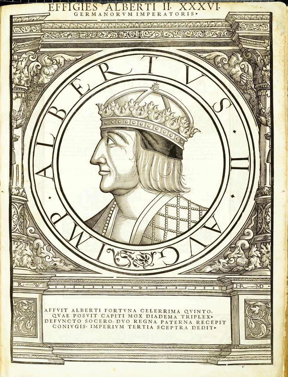 Albertus II, kuvitus teoksesta "Imperatorum romanorum omnium orientalium et occidentalium verissimae imagines ex antiquis numismatis", Rudolph Wyssenbachin puupiirros, painanut Andreas Gesner, Zürich, tekijältä Hans Rudolf Manuel Deutsch