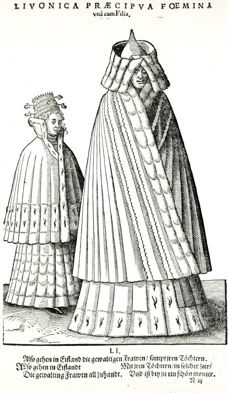 Liivilaisen aatelisnaisen ja hänen tyttärensä puvut, 1577 tekijältä Hans Weigel