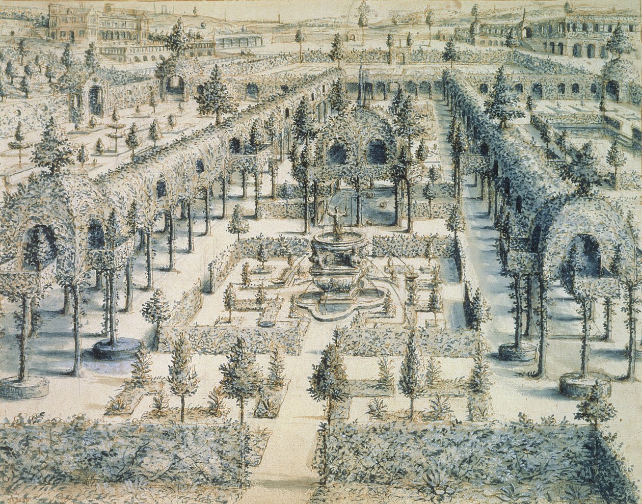 Koristepuutarhasuunnitelma, 1576 (kynä, muste ja sininen pesu paperille) tekijältä Hans or Jan Vredeman de Vries