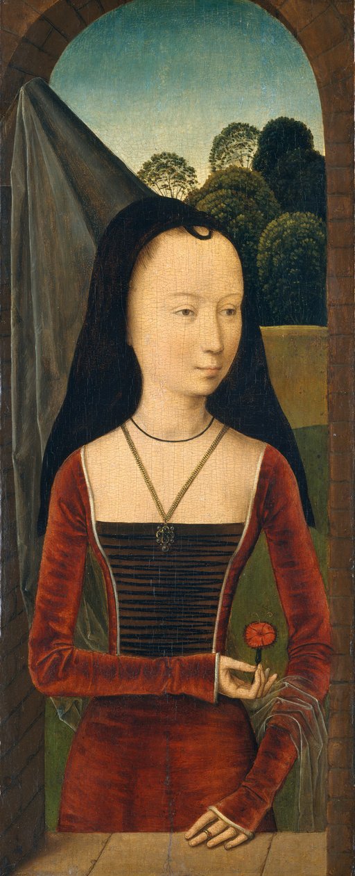 Nuori nainen vaaleanpunaisella, n. 1485-90. tekijältä Hans Memling