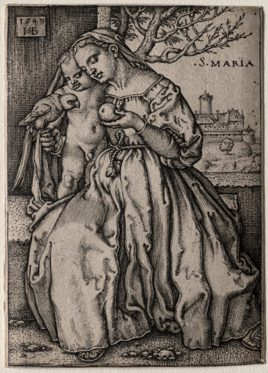 Neitsyt papukaijan kanssa, 1549. tekijältä Hans Sebald Beham