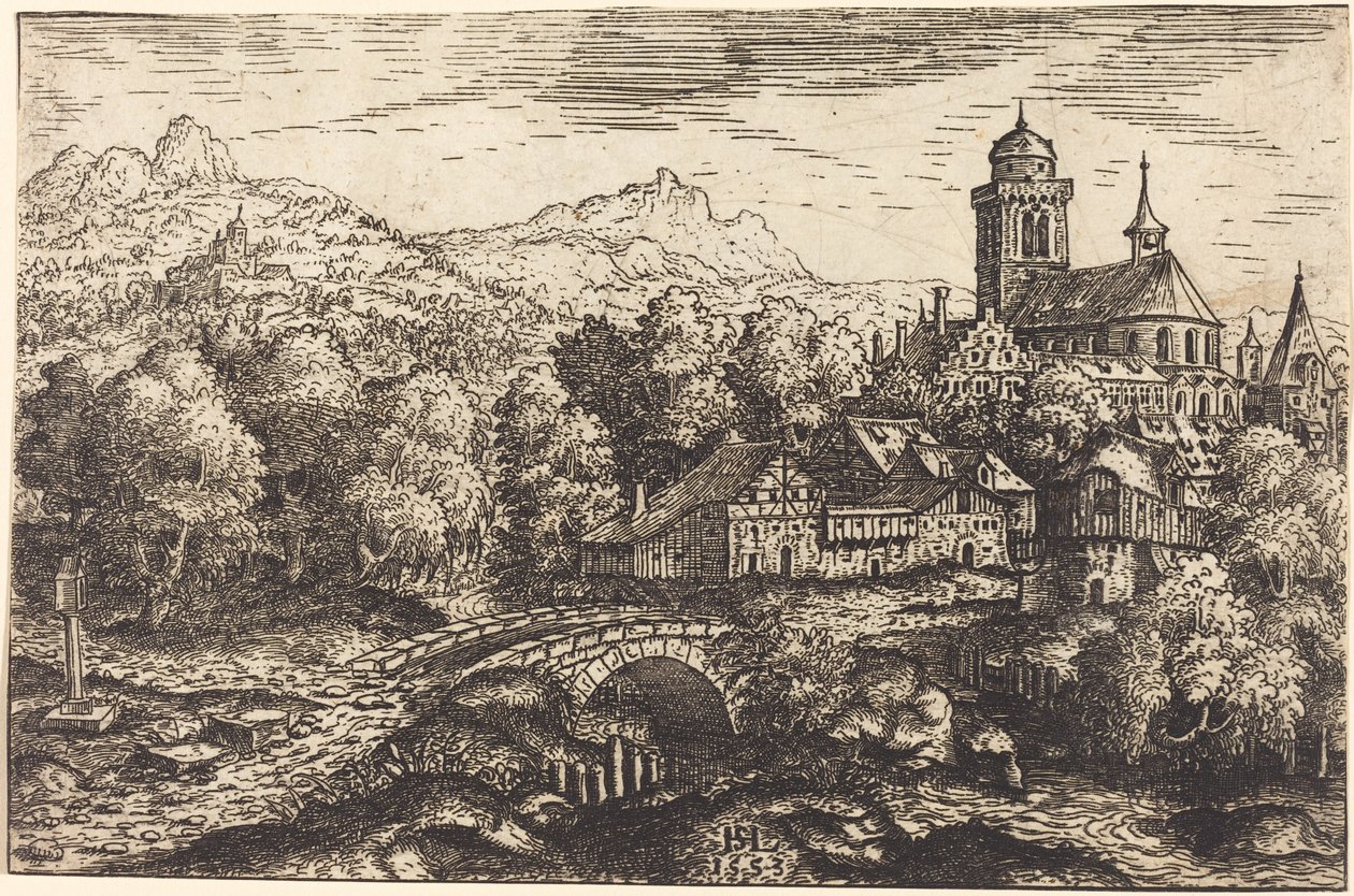 Vuoristoinen maisema ja kylä, 1553. tekijältä Hans Sebald Lautensack
