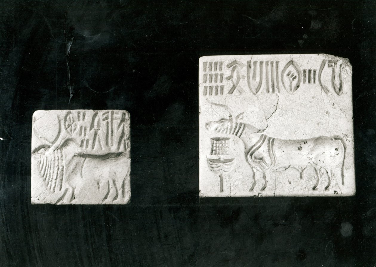 Kaksi koristeltua sinettiä, jotka kuvaavat seebua ja härkää, Mohenjodarosta, protohistoriasta tekijältä Harappan