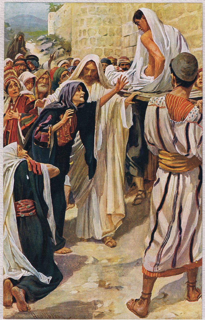 Nainin leski, kuvitus teoksesta "Women of the Bible", julkaissut The Religious Tract Society, 1927 tekijältä Harold Copping