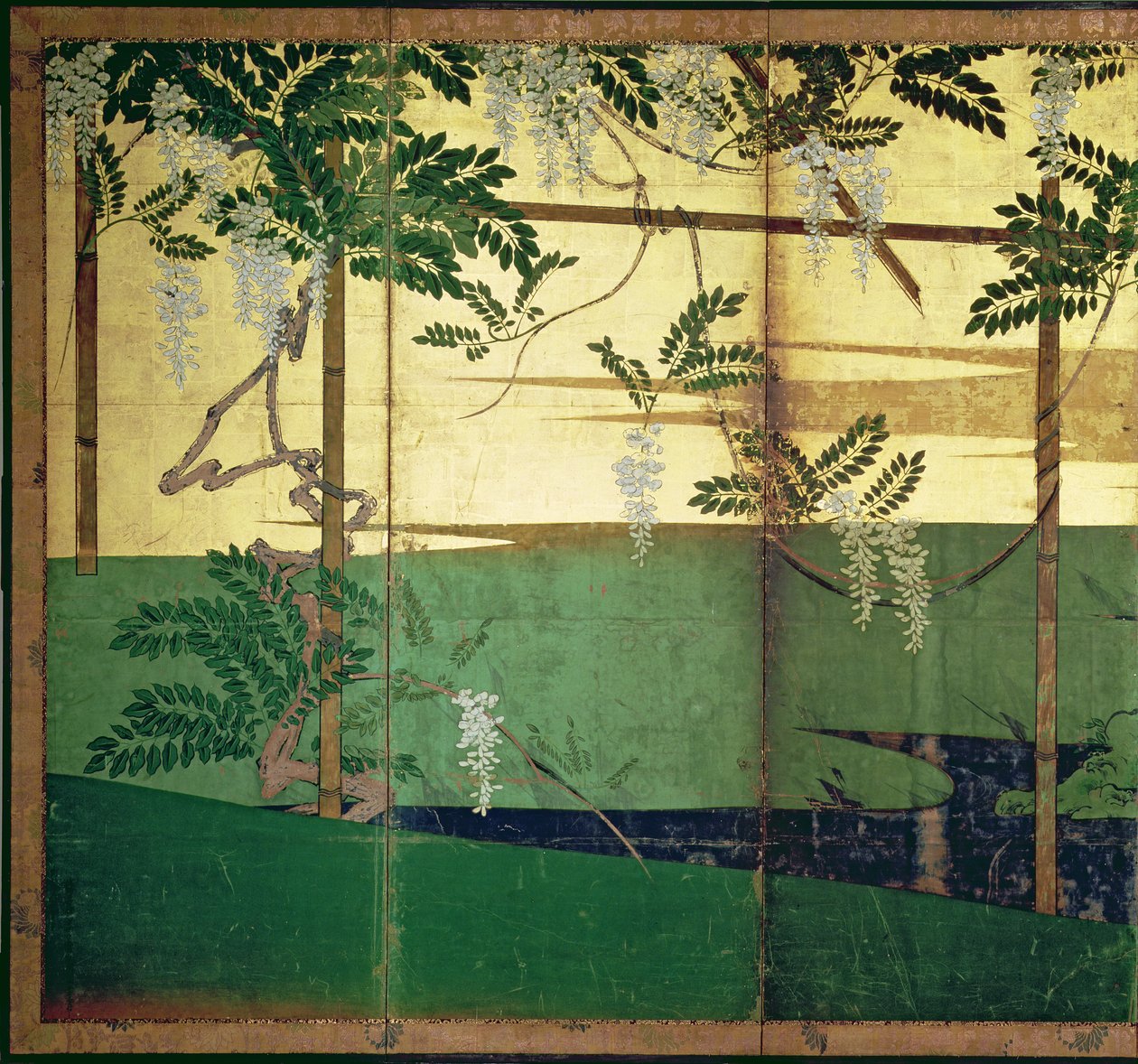 Wisteria kukkii (kynä ja muste, väri, kultapaperi paneelissa) (katso 216564) tekijältä Hasegawa Soen