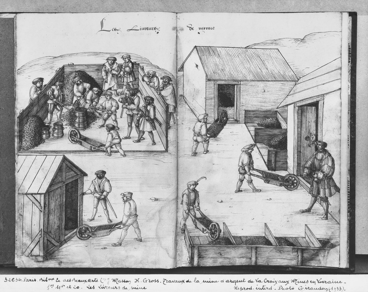 La Croix-aux-Minesin hopeakaivos, Lorraine, fol.19v ja fol.20r, toimittaa malmin, n. 1530 (kynä, muste ja wc paperilla) tekijältä Heinrich Gross or Groff