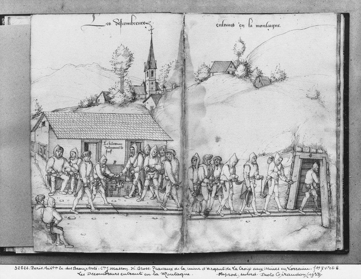 La Croix-aux-Minesin hopeakaivos, Lorraine, fol.7v ja fol.8r, keräilijät saapuvat kaivokseen, n. 1530 (kynä, muste ja wc paperilla) tekijältä Heinrich Gross or Groff