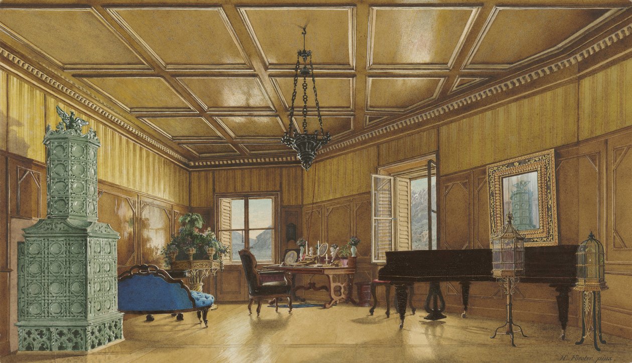 Saksin prinsessa Margareten musiikkihuone Schloss Ambrasissa, 1870-9 (akvarelli ja guassi vellapaperille). tekijältä Heinrich von Förster