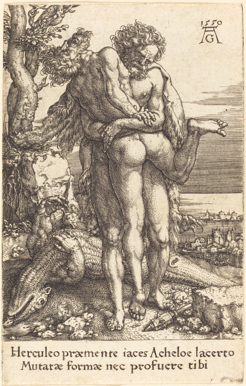Hercules taistelee Achelous-jokea vastaan tekijältä Heinrich Aldegrever