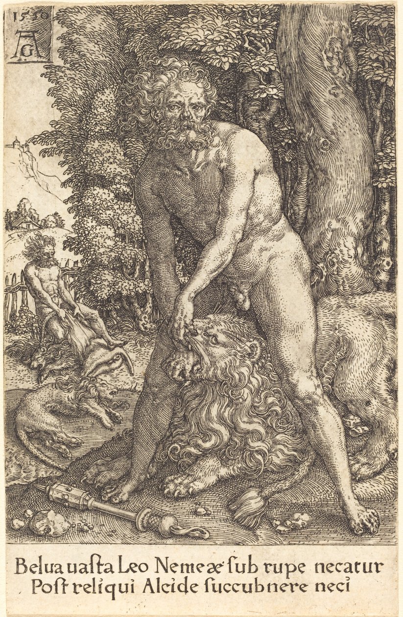 Hercules surmaamassa Nemean leijonan, 1550. tekijältä Heinrich Aldegrever