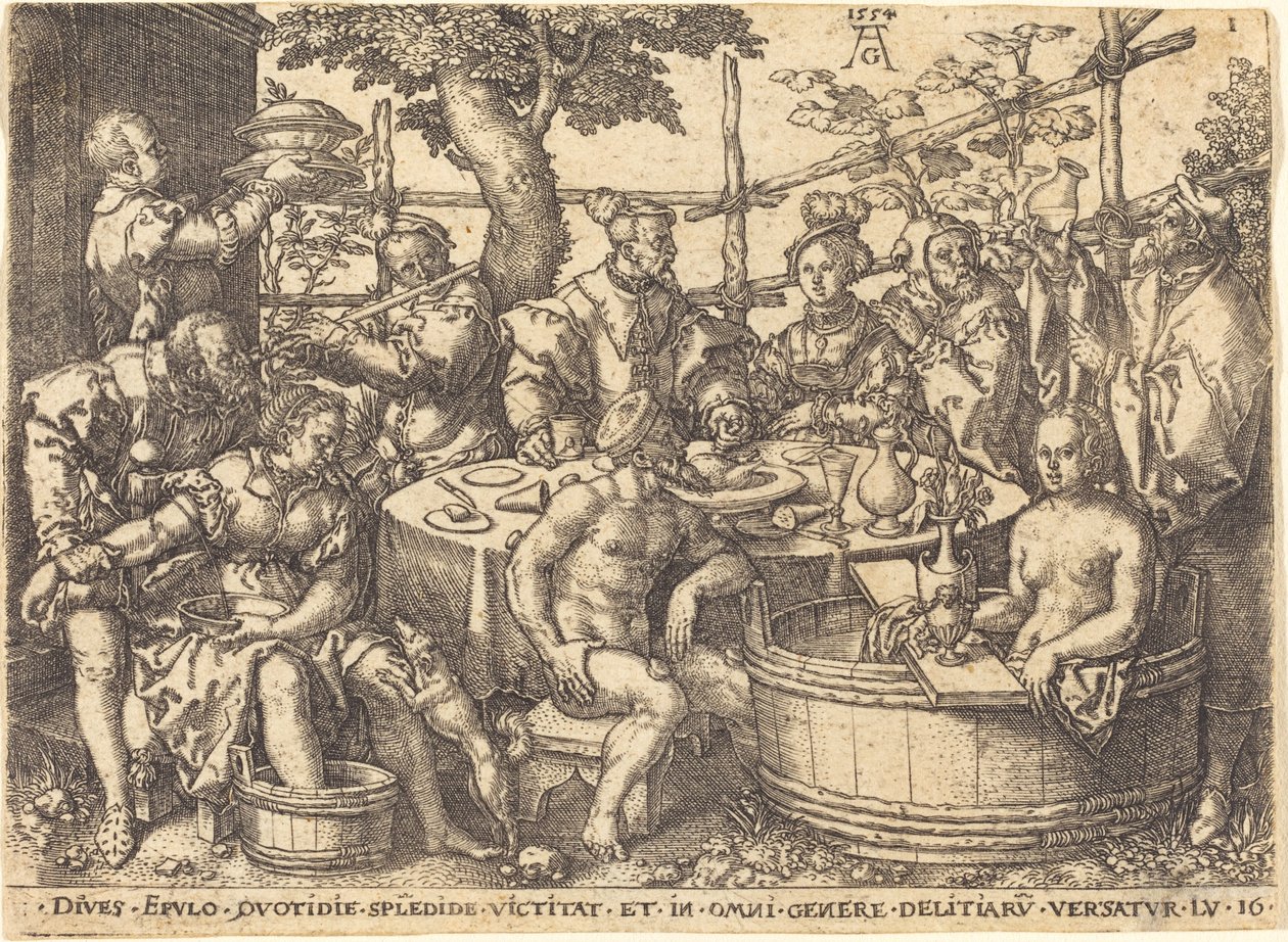 Rikas mies pöydässä, 1554. tekijältä Heinrich Aldegrever