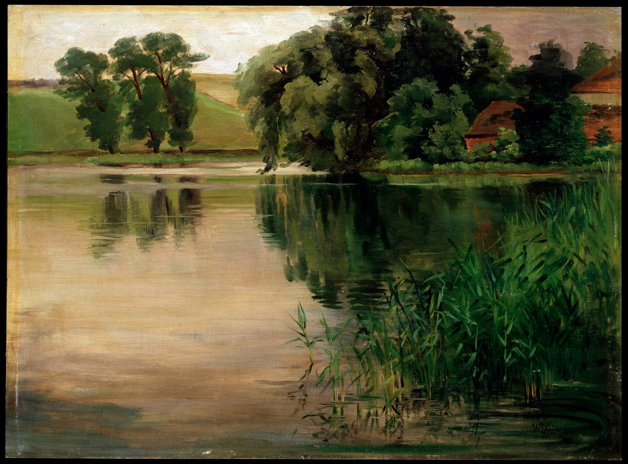 "At a Pond", 1870-1900. Saksalainen maalaus tekijältä Heinrich Wilhelm Trübner