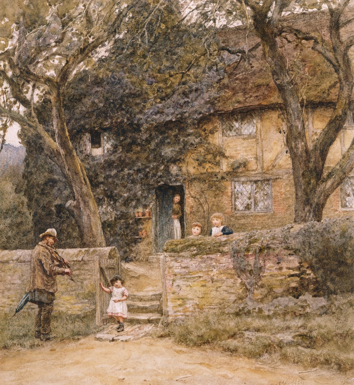 The Fiddler (akvarelli raapimalla) tekijältä Helen Allingham