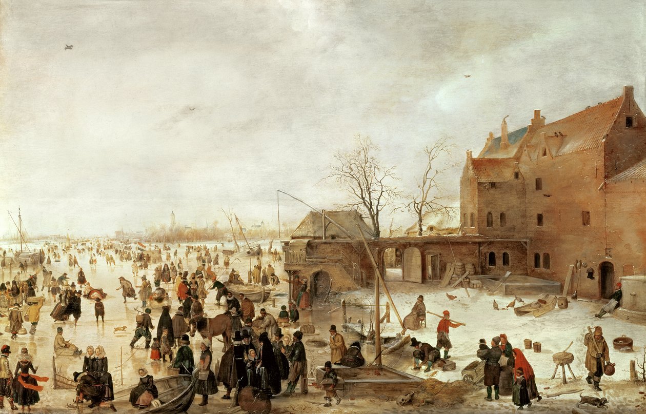 Kohtaus jäällä lähellä kaupunkia, n. 1615 tekijältä Hendrick Avercamp