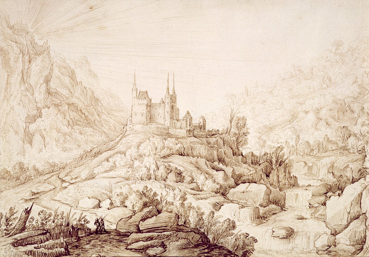 Vuoristoinen maisema ja linna, n. 1589 tekijältä Hendrick Cornelisz. Vroom