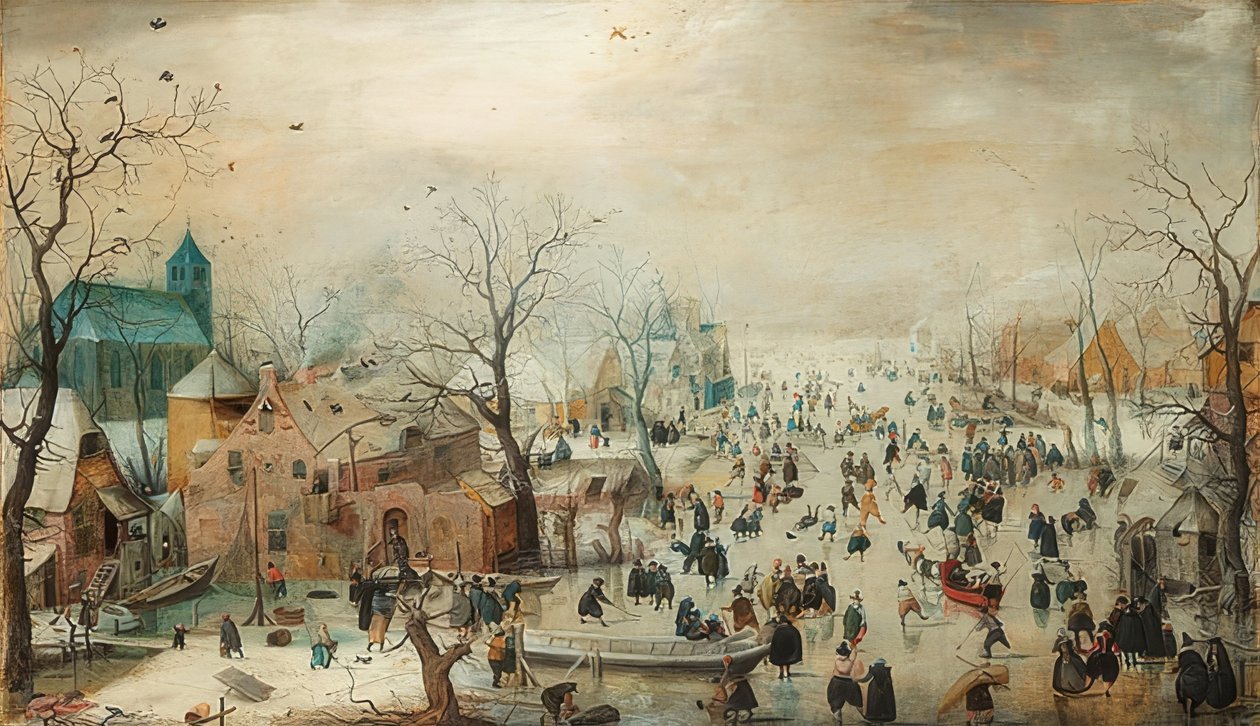 Talvimaisema luistelijoiden kanssa. Noin 1608 tekijältä Hendrick Avercamp