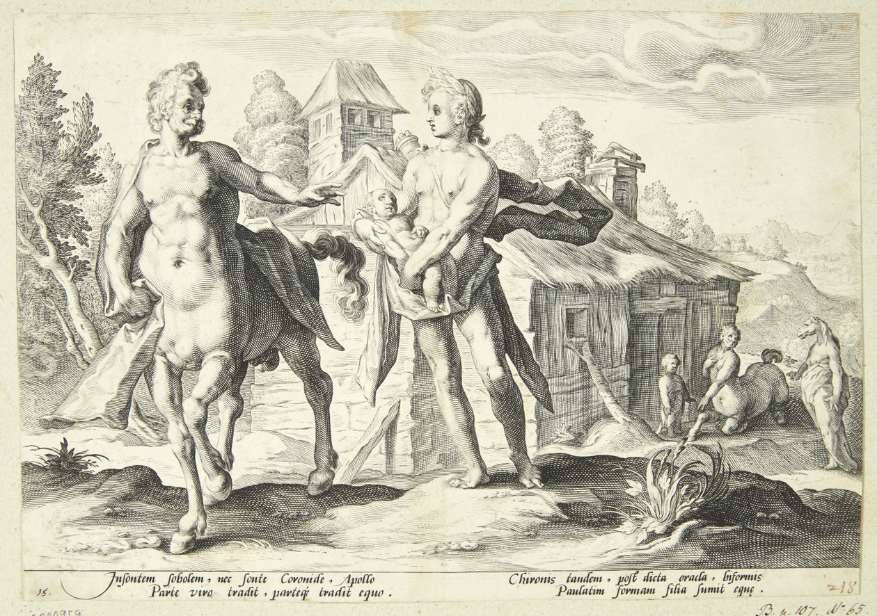 Apollo uskoo Cheironin Asklepioksen koulutuksen tekijältä Hendrick Goltzius