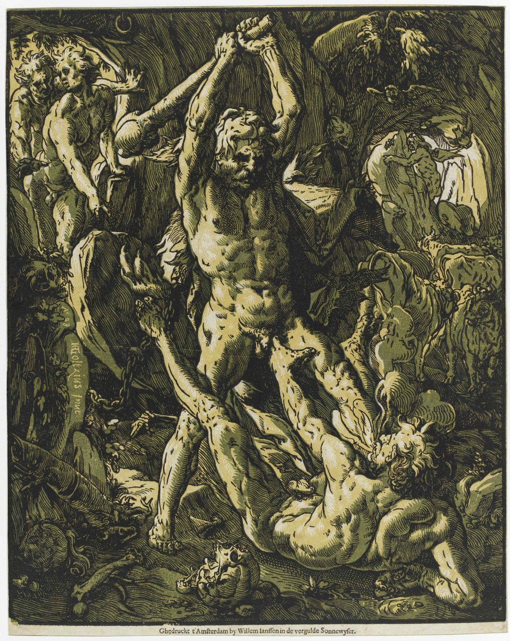 Herkules tappaa Cacuksen, 1588. tekijältä Hendrick Goltzius