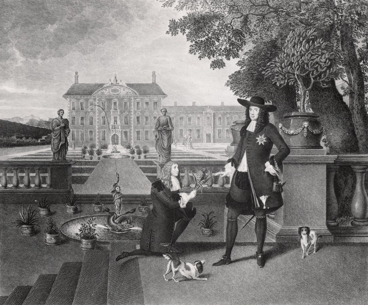 Kuninkaan puutarhuri John Rose (noin 1621-77) esittelee Kaarle II:lle (1630-85) ensimmäistä Englannissa kasvatettua ananasta Dorney Courtissa, noin 1670. tekijältä Hendrick Danckerts