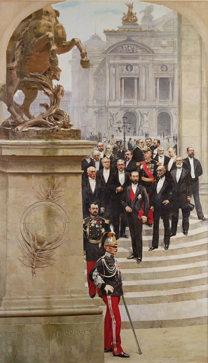 Presidentti Sadi Carnot (1837-94) ja hänen hallituksensa Opera de Parisin edessä, vuosisadan historian panoraamasta, 1889 tekijältä Henri Gervex