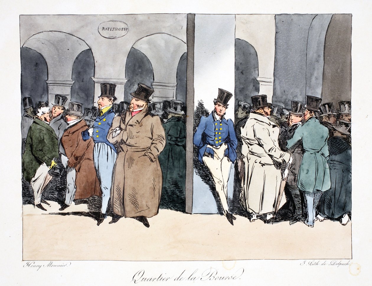 Quartier de la Bourse, kuvitus Henri Monnierin teoksesta "Six Quartiers de Paris", litografi F.S. Delpech, pub. Pariisi, noin 1828 (käsin väritetty litografia). tekijältä Henri Bonaventure Monnier