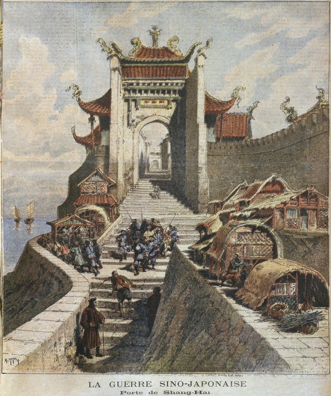 Kiinan ja Japanin sota, Shanghain portti, kuvitus Le Petit Journalista, Supplement illustre, 6. tammikuuta 1895 (värikaiverrus) tekijältä Henri Meyer