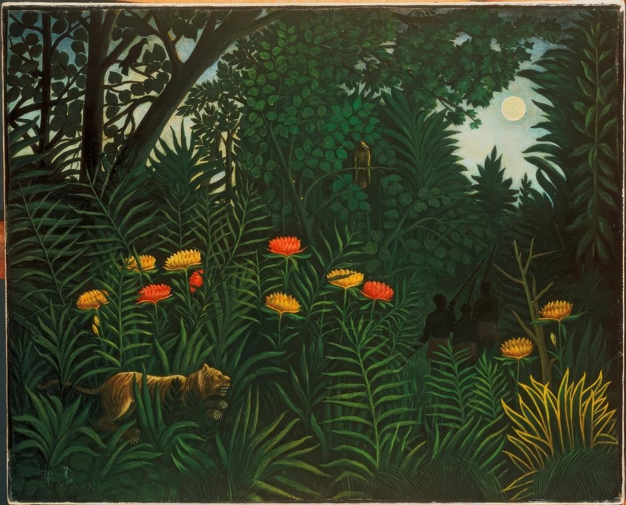 Exotische Landschaft mit Tiger und Jägern tekijältä Henri Rousseau