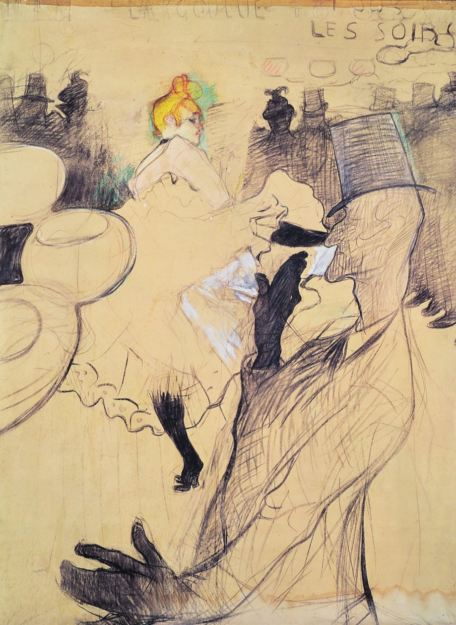 The Moulin-Rouge, The Goulue ja Valentin, the Boneless One, 1891 (kynä ja mustetta ja värikynä paperilla) tekijältä Henri de Toulouse Lautrec