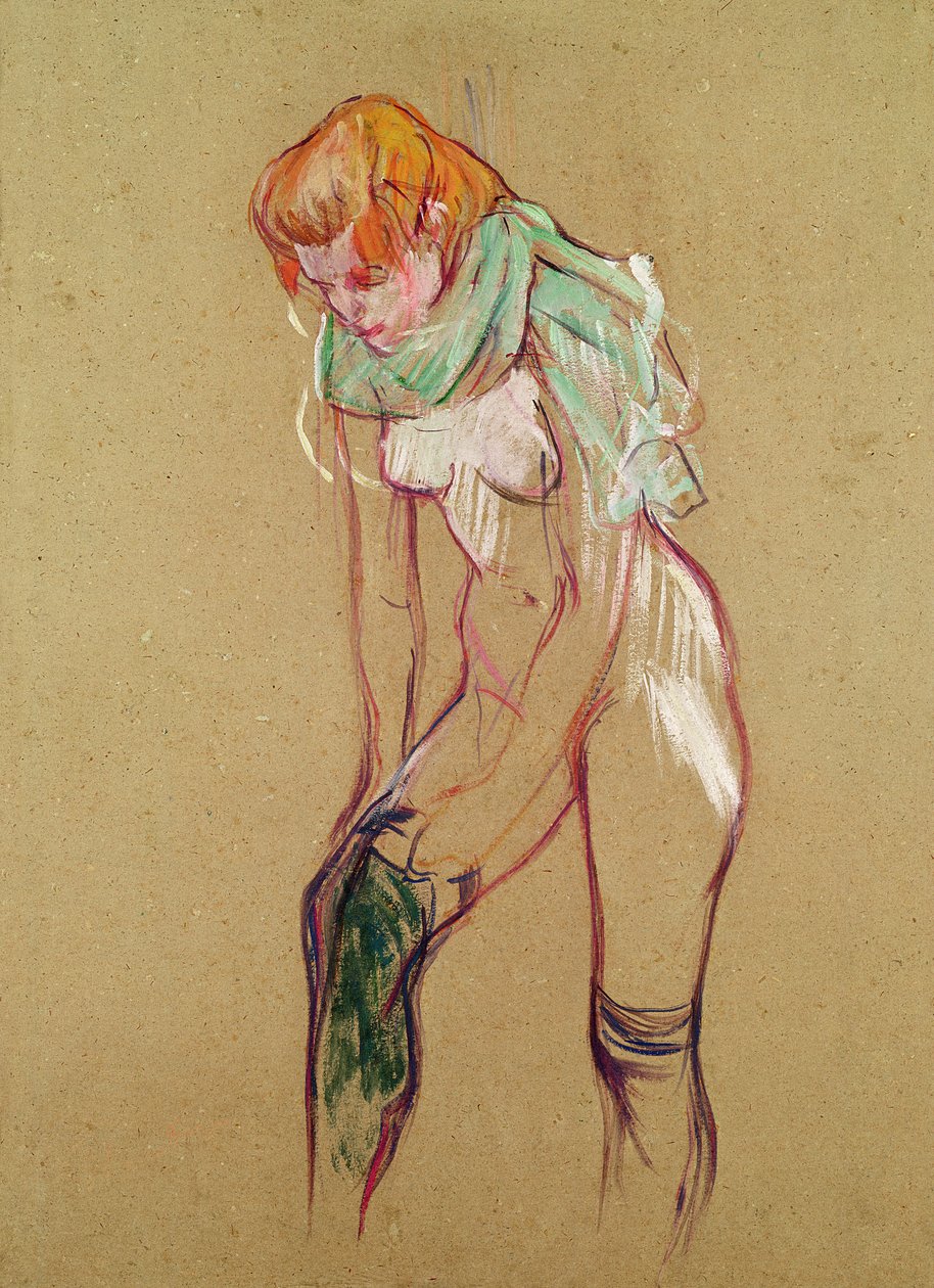 Nainen vetää sukkiaan, 1894 (öljy kortille) tekijältä Henri de Toulouse Lautrec