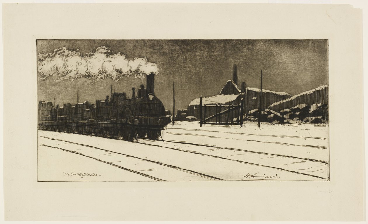 Veturi, lumiefekti, n. 1888 (etsaus ja akvatinta) tekijältä Henri Charles Guérard