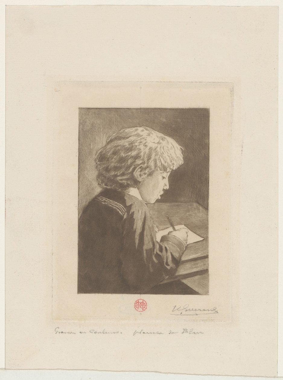 kirjoittava poika tekijältä Henri Charles Guérard (signed by artist)