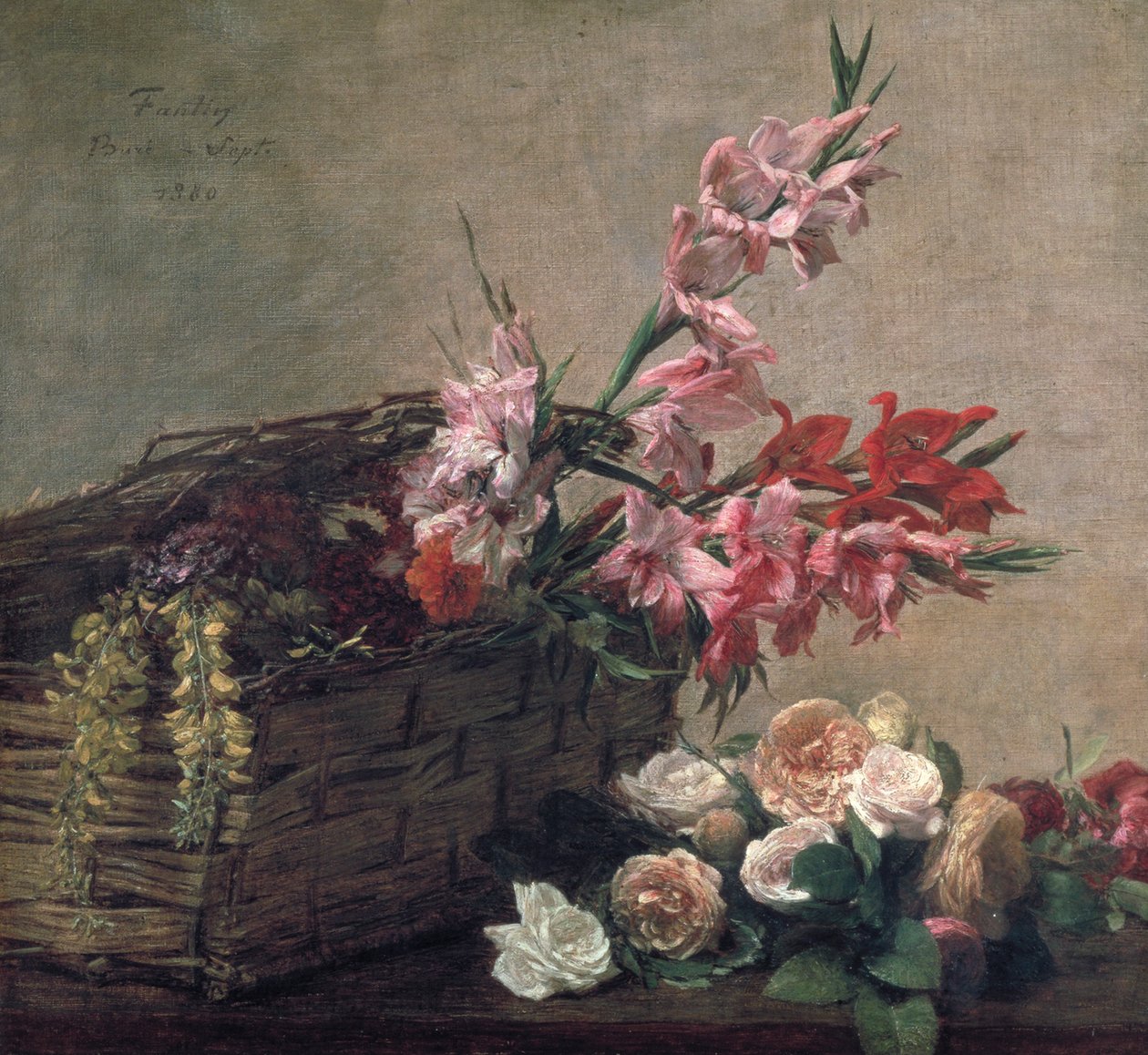 Gladioli ja ruusut, 1880 tekijältä Ignace Henri Jean Fantin Latour