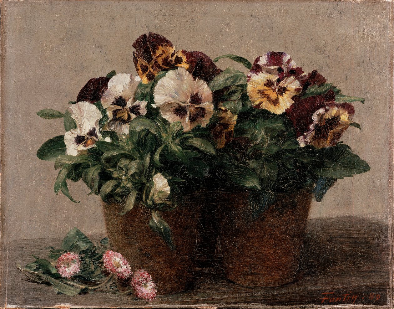 Asetelma: Orvokki ja päivänkakkara, 1880 tekijältä Ignace Henri Jean Fantin Latour