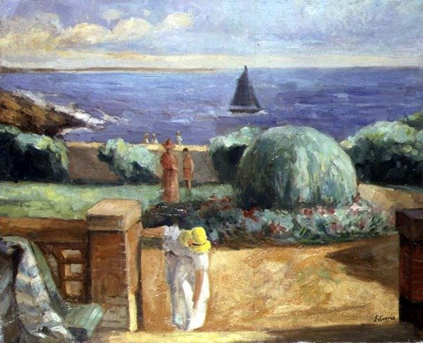 Nainen terassilla Prefaillesissa tekijältä Henri Lebasque