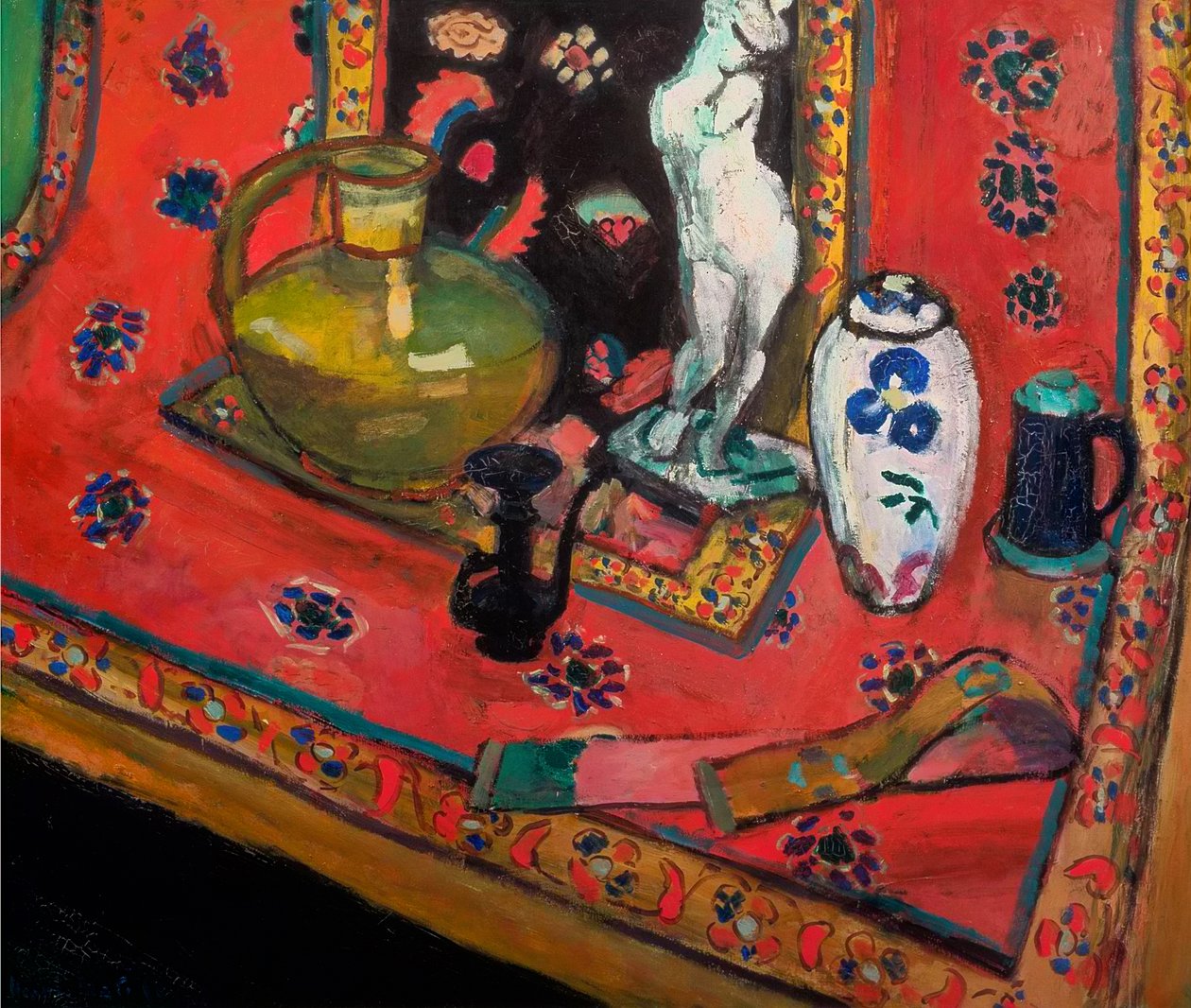 Pienoispatsas ja maljakoita itämaisella matolla tekijältä Henri Matisse