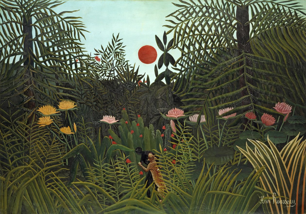 Musta henkilö Jaguarin kimppuun, 1910 tekijältä Henri Rousseau