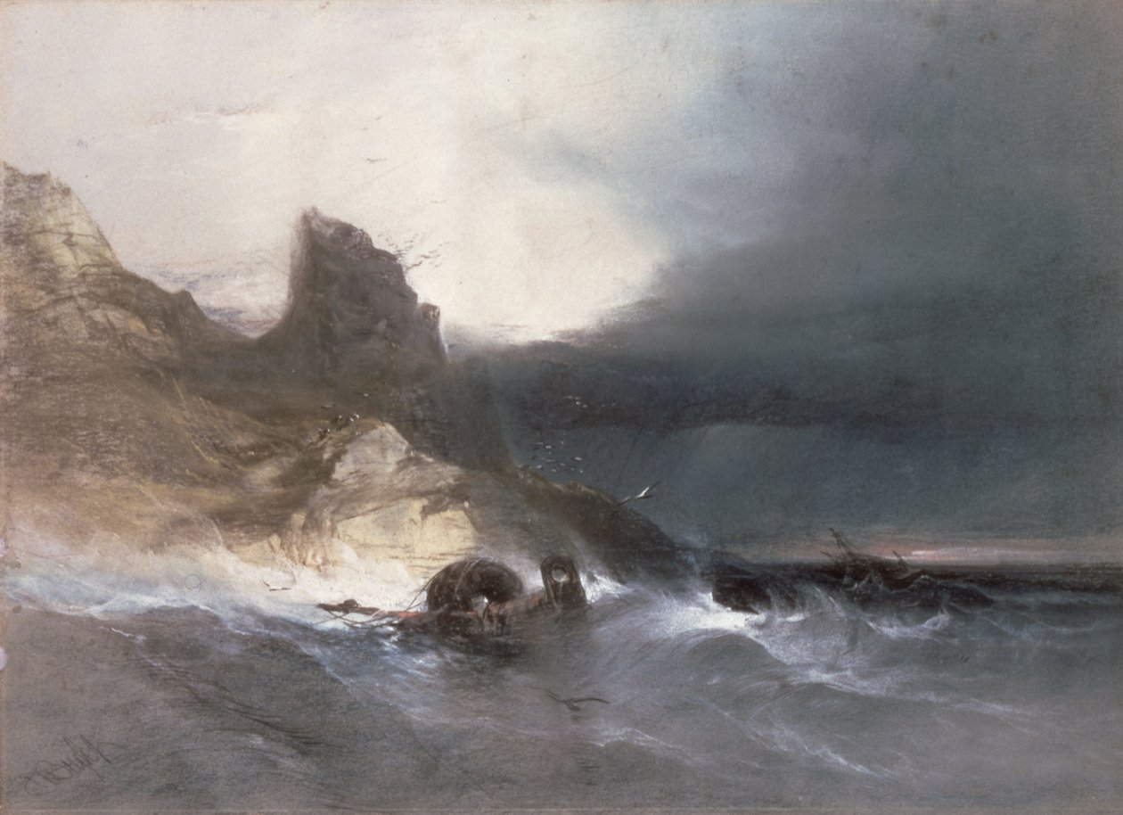 Rocky Coast ja hylkyjä (liitu paperille) tekijältä Henry Bright