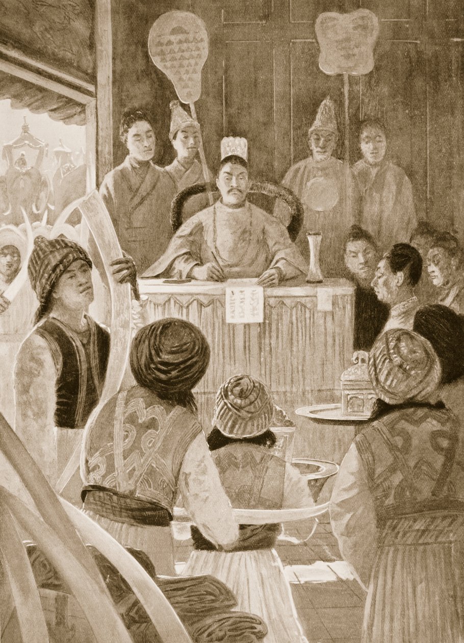 Siamilaiset lähettiläät osoittamassa kunnioitusta Kiinan keisarille, kuva "Hutchinsons History of the Nations" -teoksesta, n. 1910 tekijältä Henry Charles Seppings Wright
