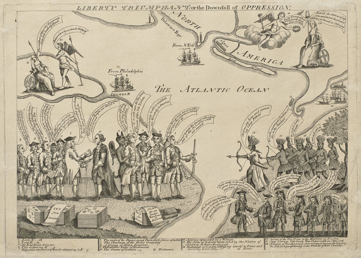 Liberty Triumphant (or The Downfall of Oppression), noin 27. joulukuuta 1779-ennen huhtikuuta 1774 (kaiverrus (värjäämätön) ja etsaus kerrostetulle paperille). tekijältä Henry Dawkins