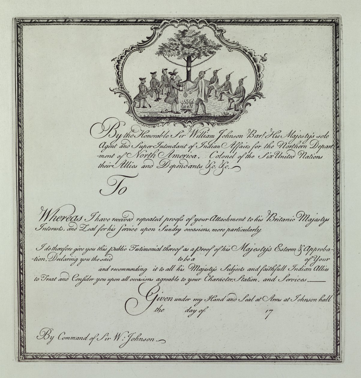 Sir William Johnsonin Indian Testimonial, n. 1770 (katso myös 192085) tekijältä Henry Dawkins