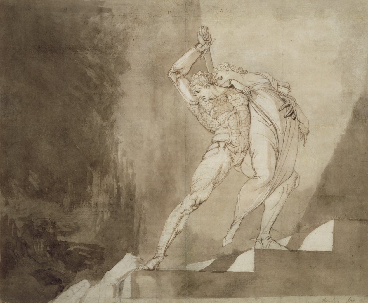 A Warrior Rescue a Lady, 1780-85 (kynä, muste ja pesu paperille) tekijältä Johann Heinrich Füssli