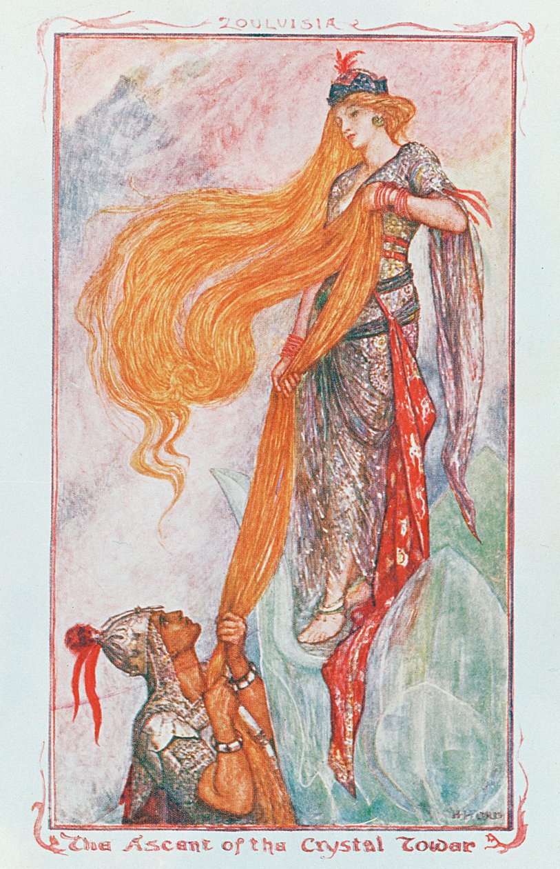 The Ascent of the Crystal Tower, kuvitus "Zouluisia" yhdestä Andrew Langin värillisestä Fairy Bookista, 1900-luvun alku tekijältä Henry Justice Ford