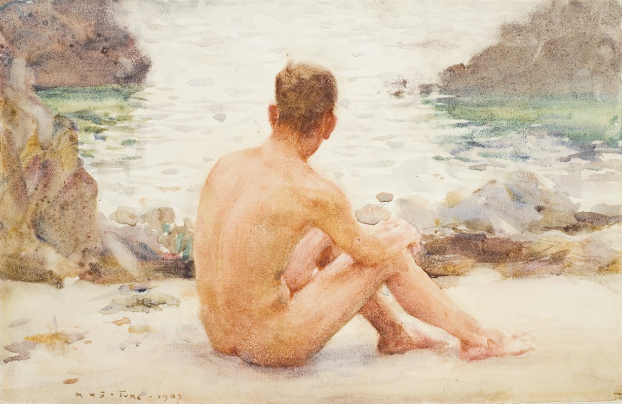 Charlie istuu hiekalla, 1907 tekijältä Henry Scott Tuke