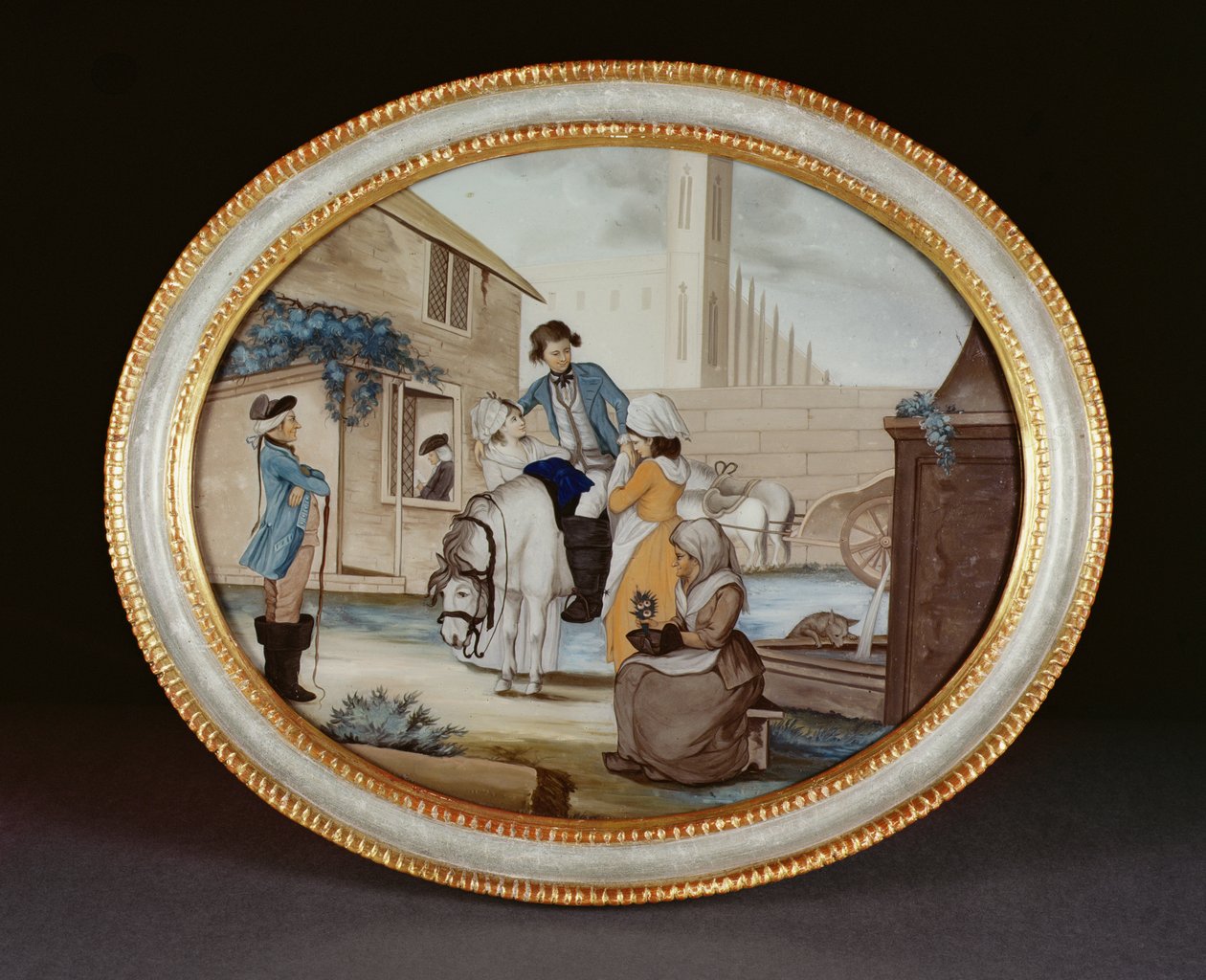 Käänteinen lasimaalaus, jossa on jäähyväiskohtaus tavernan ulkopuolella, Qianlongin kausi (1736-95) n.1790 (lasi). tekijältä Henry W. Banbury