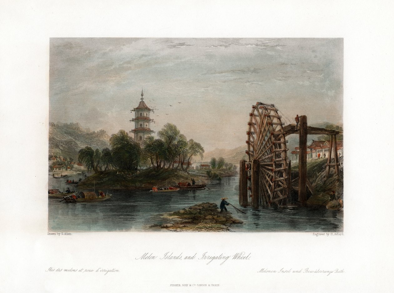 Melon Islands ja Irrigating Wheel, Kiina, c1840. tekijältä Henry Adlard