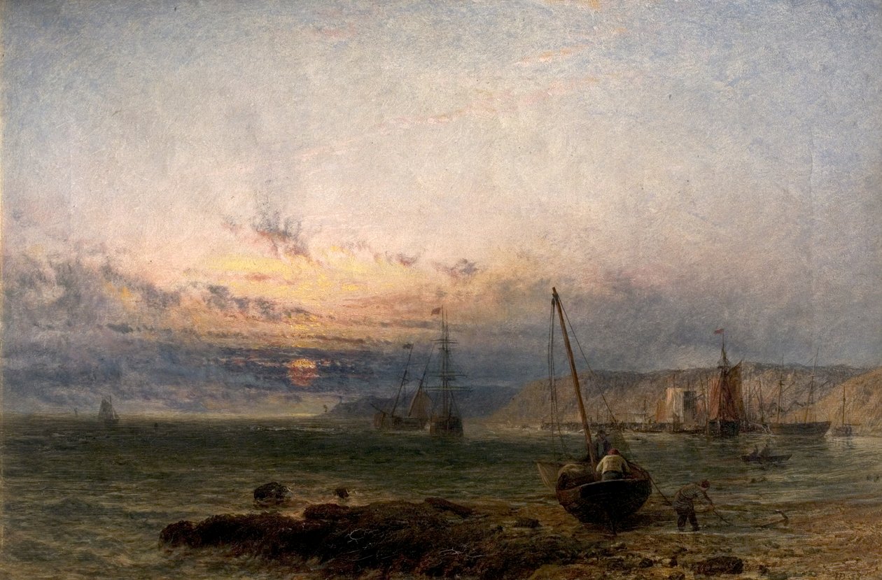 Rannikkokohtaus, auringonlasku, 1852 tekijältä Henry Dawson