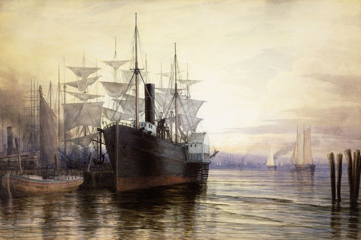 Auringonlasku, New Yorkin satama, 1880 tekijältä Henry Farrer