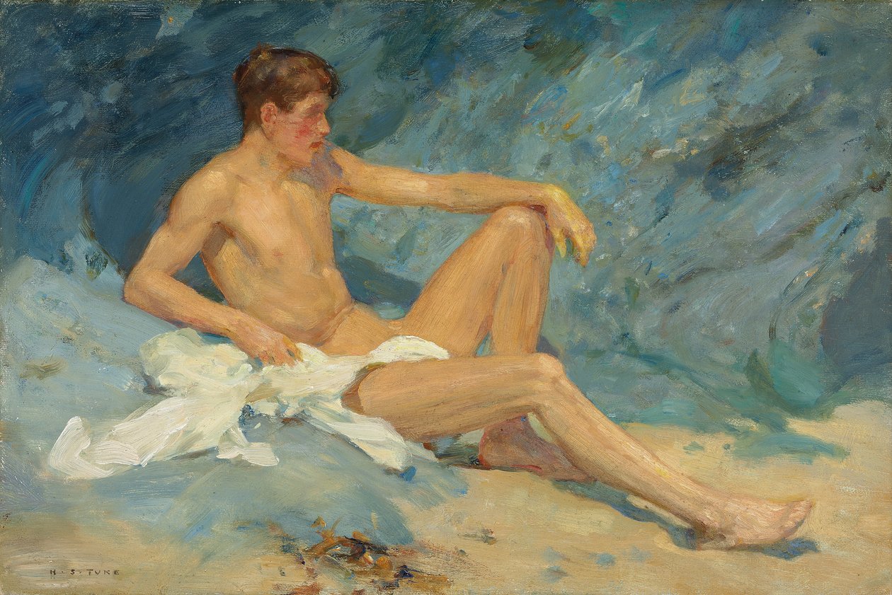 Mies alaston kallioilla makuulla tekijältä Henry Scott Tuke