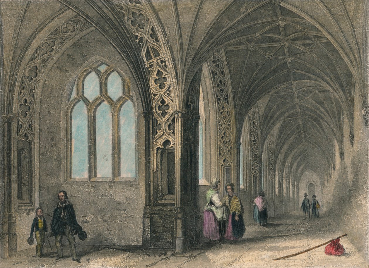 Worcesterin katedraali. The Cloisters, 1836 tekijältä Henry Winkles