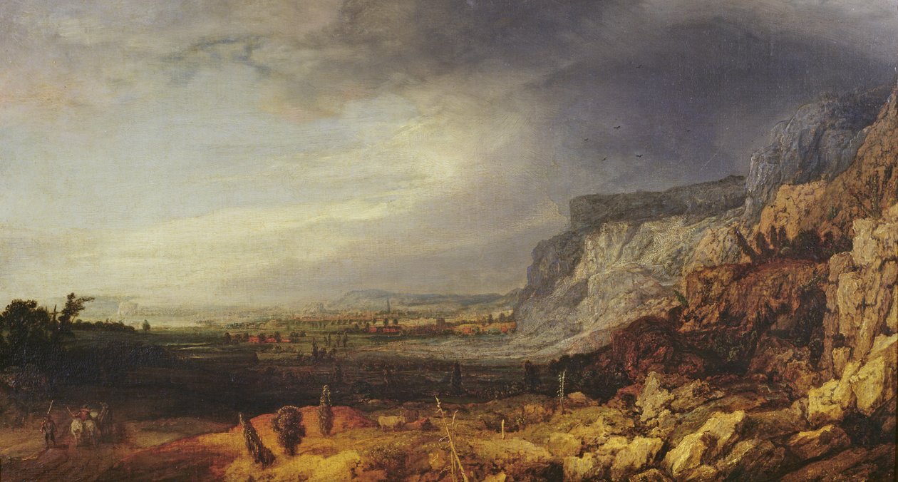 Maisema, n. 1620-1630 (öljy kankaalle asetettuna paneeliin) tekijältä Hercules Seghers